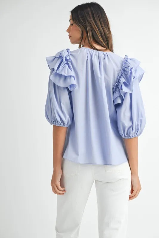 MABLE Blouse Puff Sleeve Layered Ruffle Shoulder Tied Light Blue Top b4178794-5fbe-49da-a217-ea68da00c5df-Max-Origin Trendsi