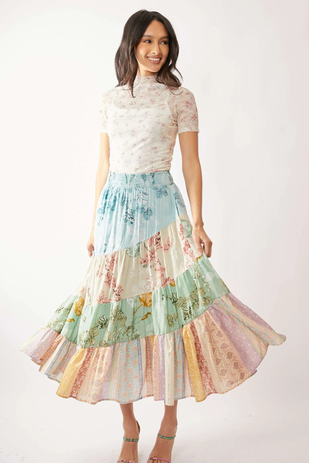 Davi & Dani Floral Mesh Top Women's Mock Neck Short Sleeve Blouse b418493de77d472eb879495326ab69ff-Max-Origin Trendsi