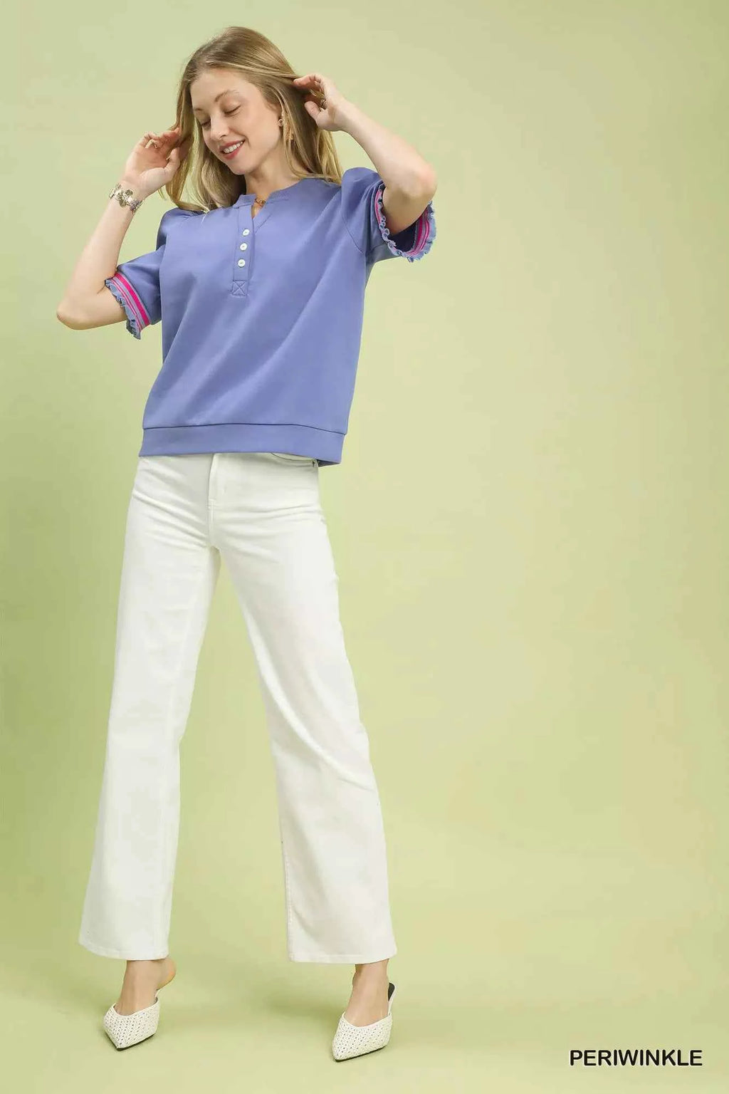 Umgee Puff Sleeve Button Front Top with Contrast Trim