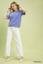 Umgee Puff Sleeve Button Front Top with Contrast Trim