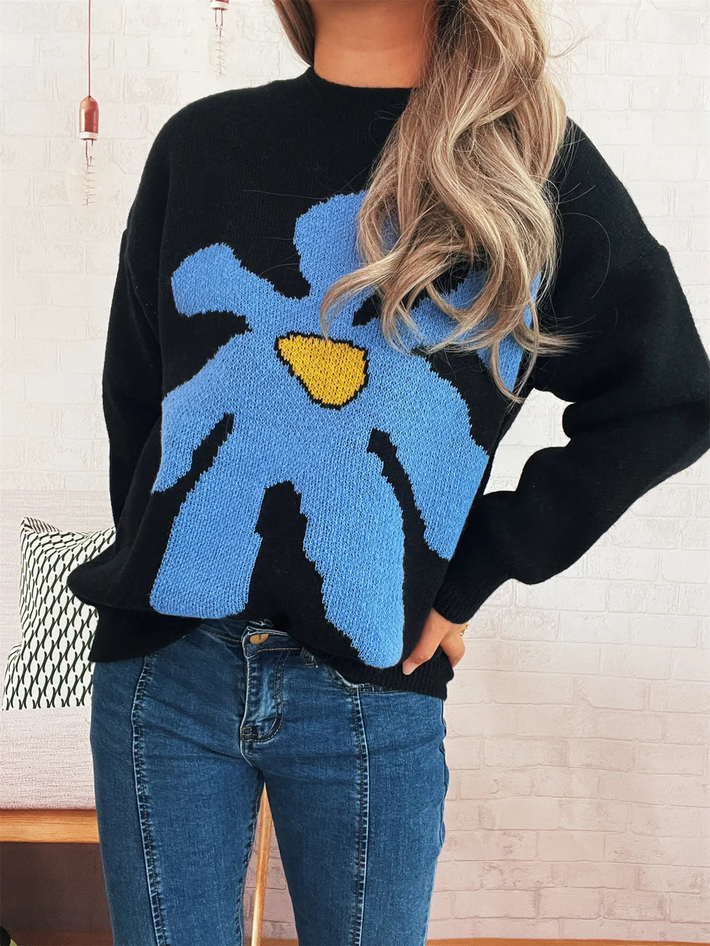 Women's Sweater Flower Dropped Shoulder Knit Long Sleeve Pullover b420ec5560524493bb5dd25857c46787-Max-Origin Trendsi