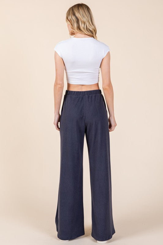 BOMBOM USA Pants Navy Wide Leg Women Elastic Waist with Pockets