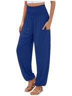Plus Size Full-Length Harem Pants with Smocked Waist and Pockets