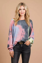 BiBi Womens Tie Dye Blouse Pink Mix Terry Top With Dolman Sleeves PINK CHARCOAL YEL b42f0384-977b-40d7-8707-46e8face92b2-Max-Origin Trendsi