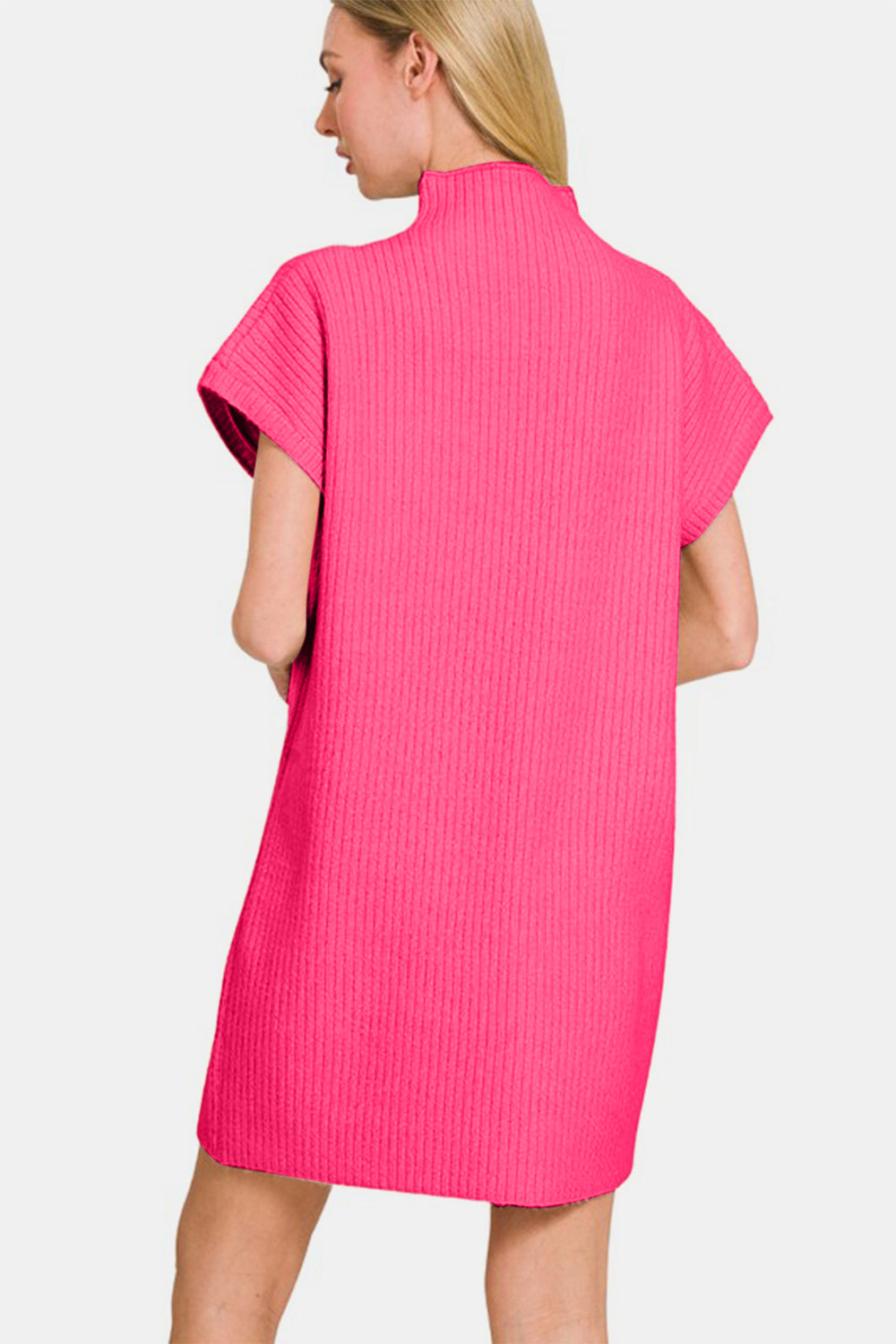 Zenana Sweater Mini Dress Knit Short Sleeve Hot Pink High Neck Patch Pocket b4352127-37e9-4c9c-9329-e4726a6026f0-Max Trendsi