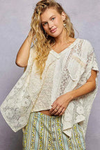 POL Asymmetrical V-Neck Short Sleeve Lace Top