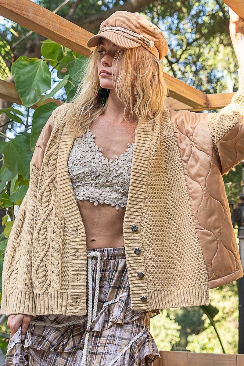 POL Quilting Women Jacket Cable Knit Patch Button Up Long Sleeve Buttoned b43f1a86-85bb-4663-bfb5-da2767b756d6-Max Trendsi