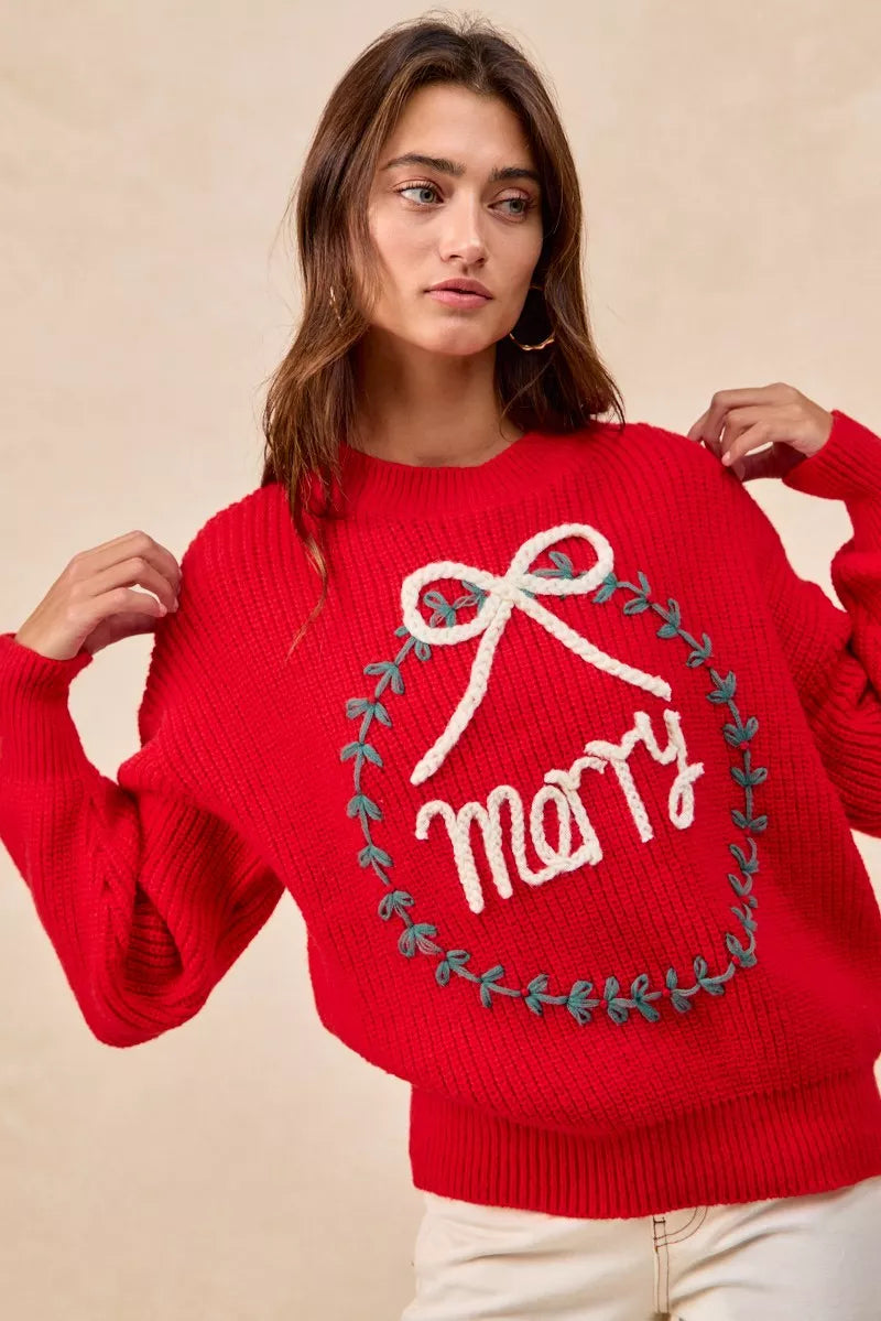 BiBi Christmas Womens Pullover Red Wreath Merry Letter Knit Top b43fa2bf56f9477ea300dcffcc30e932-Max-Origin Trendsi