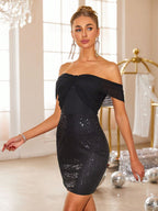 Backless Sequin Mini Dress Black Off Shoulder Short Sleeve Twisted Party Dress b4443e4d-236d-4dee-abb4-24d791a79002-Max Trendsi
