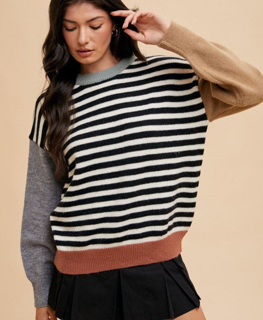 Annie Wear Striped Color Block Round Neck Sweater Long Sleeve Ivory Black b444d871-9a08-4fed-a858-bb3a2aaad74b-Max Trendsi