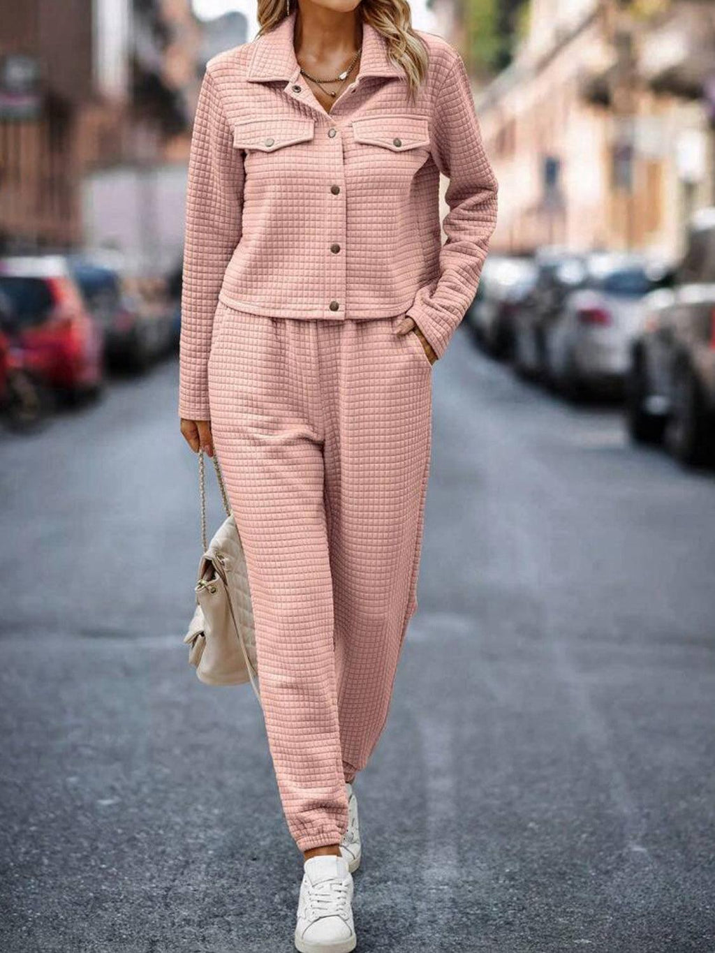 Outfit Set Plaid Texture Snap Down Top and Pants Set b4465087-90b7-4b03-9e3a-023e0a3e5e35-Max Trendsi