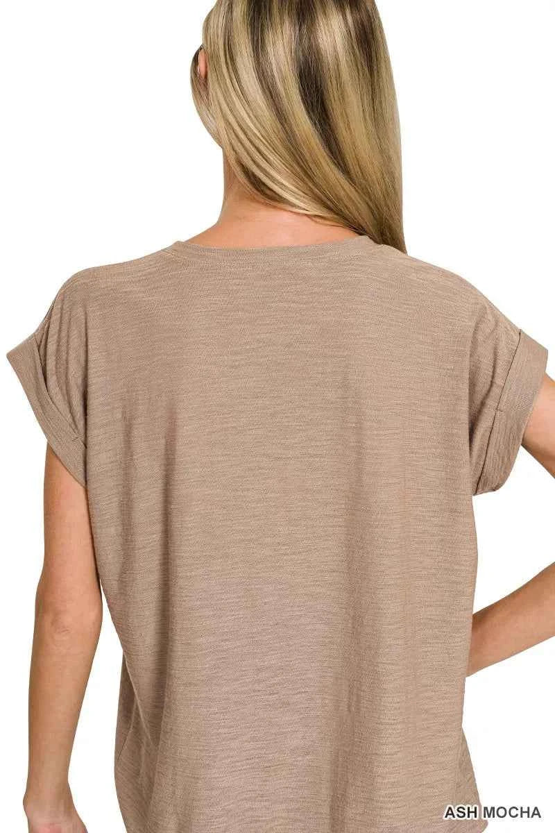 Zenana Women T-shirt Ash Mocha Slub Cuffed Short Sleeve Top Tee b446ac7117b44f379ac4ea16766529eb-Max-Origin Trendsi