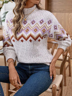 Women's Sweater White Geometric Knit Pattern Mock Neck Long Sleeve b465a7a362e747f0aec50bf193d83589-Max-Origin Trendsi