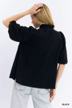 Umgee Womens Blouse Black Linen Scallop Trim V-Neck Short Sleeve Top b4688f20-4550-4c6a-9d02-bfb12e92d608-Max-Origin Trendsi
