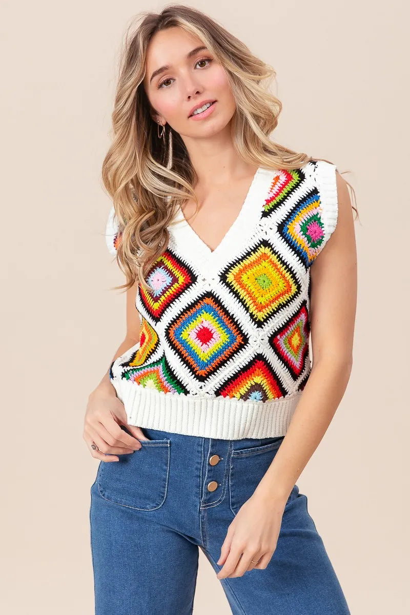 BiBi Sweater Vest Ivory Diamond Granny Multicolor Square Ribbed Knit Top IVORY b46fa42e32774cd288b7f546e93533c3-Max-Origin Trendsi