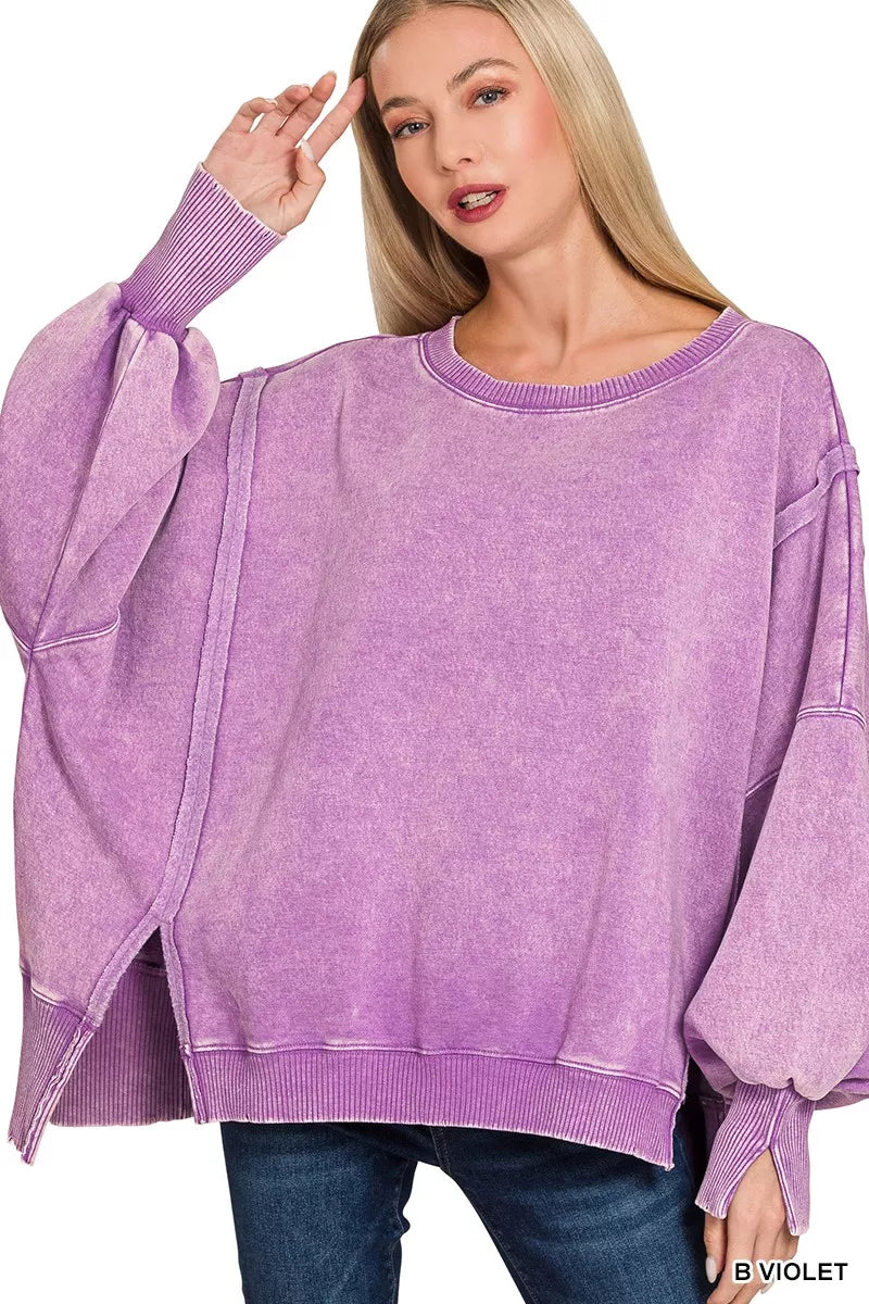 Zenana Fleece Sweatshirt Violet Acid Washed Batwing Sleeve Oversized Top b47348b236824676a155565edbf326e2-Max-Origin Trendsi