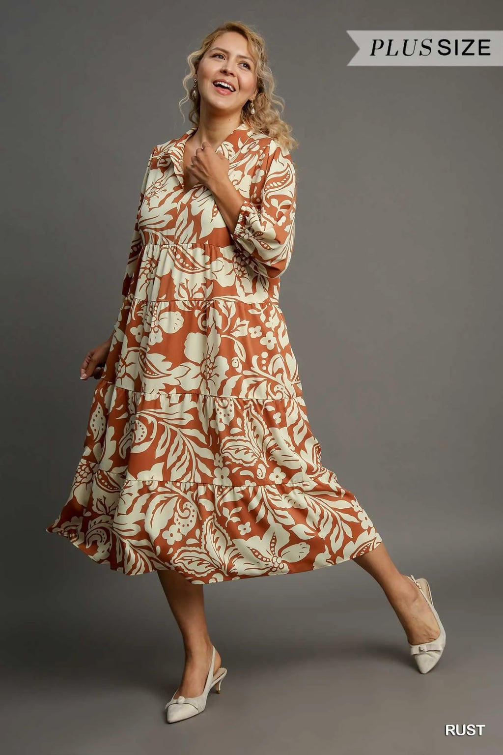 Umgee Midi Shirt Dress Rust Floral Tiered 3/4 Sleeve b474fbc4-fef2-4b15-8613-64caa6bf8994-Max-Origin Trendsi