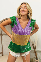 BiBi Womens Blouse Mardi Gras Sequin Color Block Ruffled Top Short Sleeve b477571680b444eabc56fe2d884c66ba-Max-Origin Trendsi