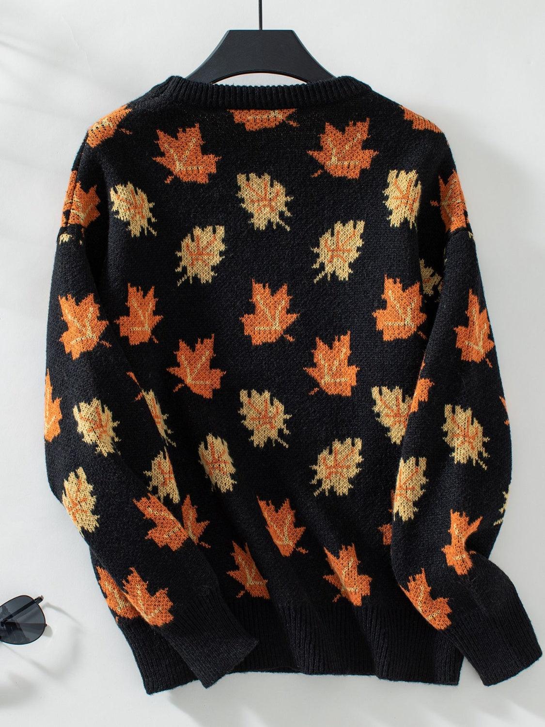 Maple Leaf Sweater Round Neck Long Sleeve Green Pullover b482f041-aef5-4925-9381-1f5a1a3a55e9-Max Trendsi