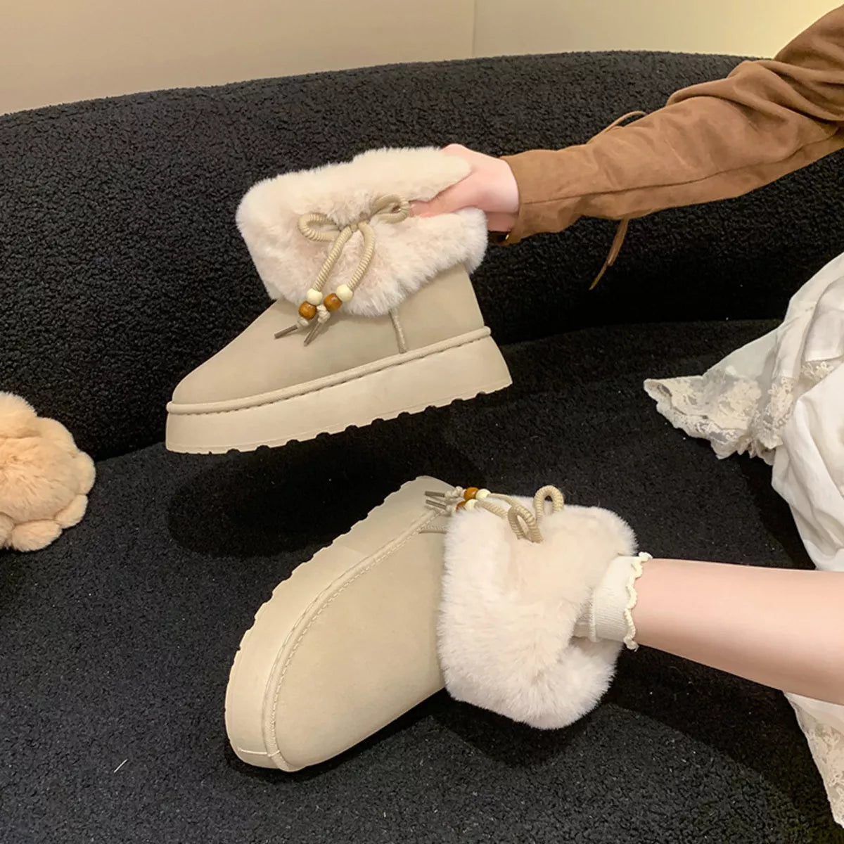 Women's Boots Faux Fur Fluff Suede Bow Round Toe Platform Low Heels b48593df797940ce98c12afb8b7d31ba-Max-Origin Trendsi