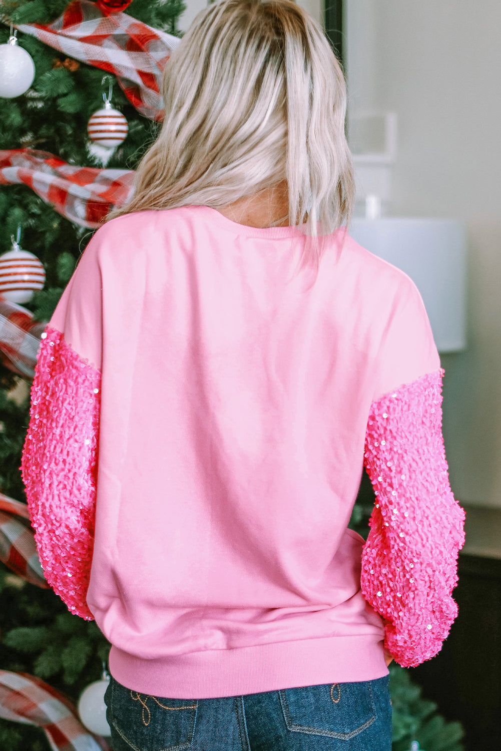 Valentine’s Day Sequin Sweatshirt Women Heart Long Sleeve Fuchsia Pink Top