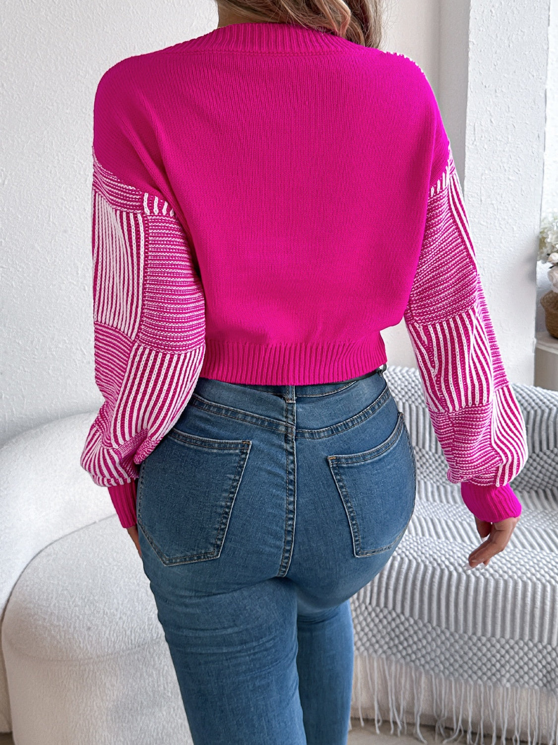 Striped Cropped Women Sweater V-Neck Long Sleeve Soft Knit Pullover