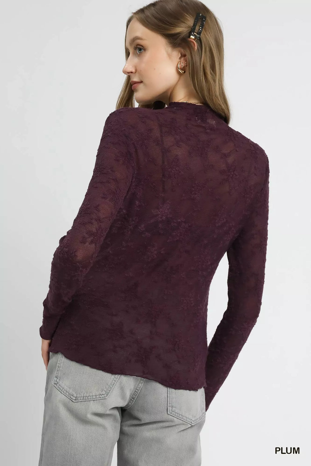 Umgee Women's Blouse Lace Sheer Plum Long Sleeve Top b49c50dc-bfed-4347-b267-3a0e057d1247-Max-Origin Trendsi