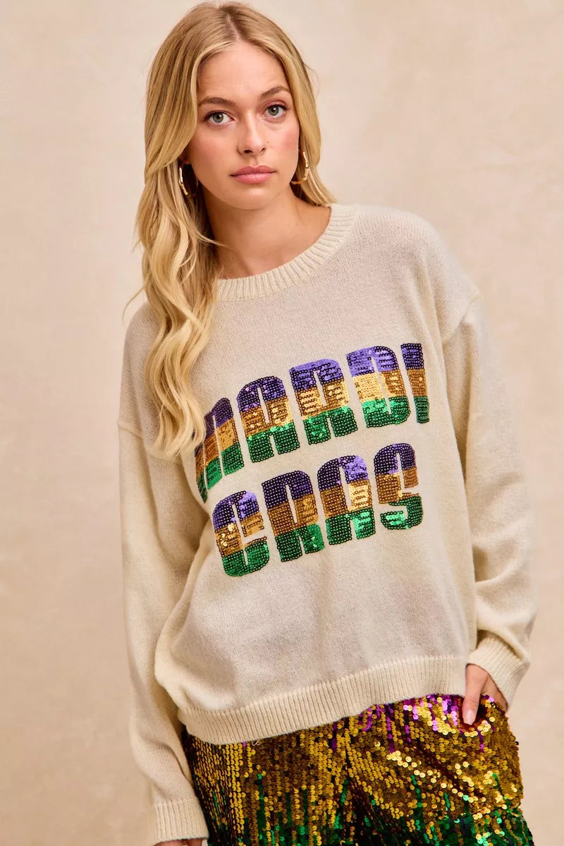 BiBi Women Sweatshirt Ivory Mardi Gras Sequin Lattering Knit Top IVORY b49f426e03ab4a6c85ee19007178213a-Max-Origin Trendsi