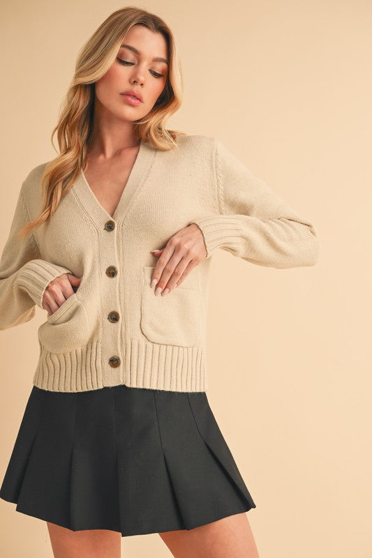 Aemi + Co Cardigan Pearl Knit Ribbed Hem V-Neck Long Sleeve Pocketed b49fa6f7-af6b-46a7-9d65-34dfcb0f84cc-Max Trendsi