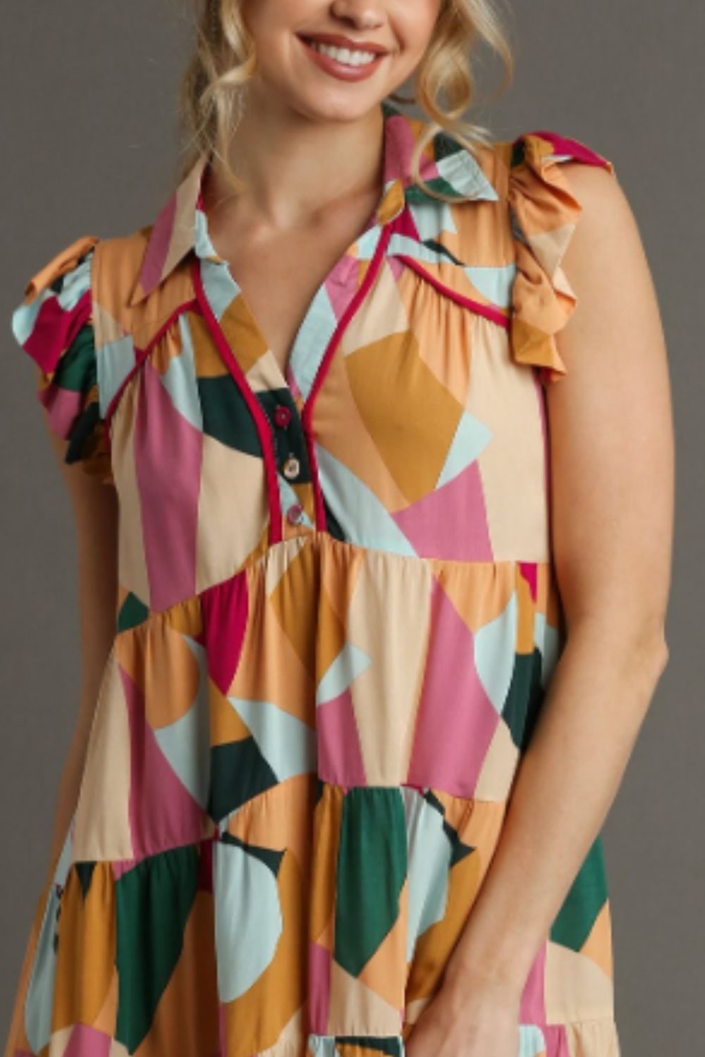 Umgee Mini Dress Peach Fuchsia Print Button Detail Ruffle Short Sleeve b4a59687-baf4-4a1d-936f-63699a7b853f-Max Trendsi