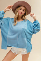 BiBi Women's Sweatshirt Oversized Pocket Front Blue Long Sleeve Top b4ba52c15e5e4da99229a56513e84cfc-Max-Origin Trendsi