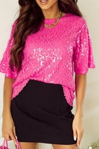 Sequin Blouse Fuchsia Pink Round Neck Half Sleeve Top b4bbfff5-2c1b-43c3-b7fd-272bbb0bdc0c-Min Trendsi