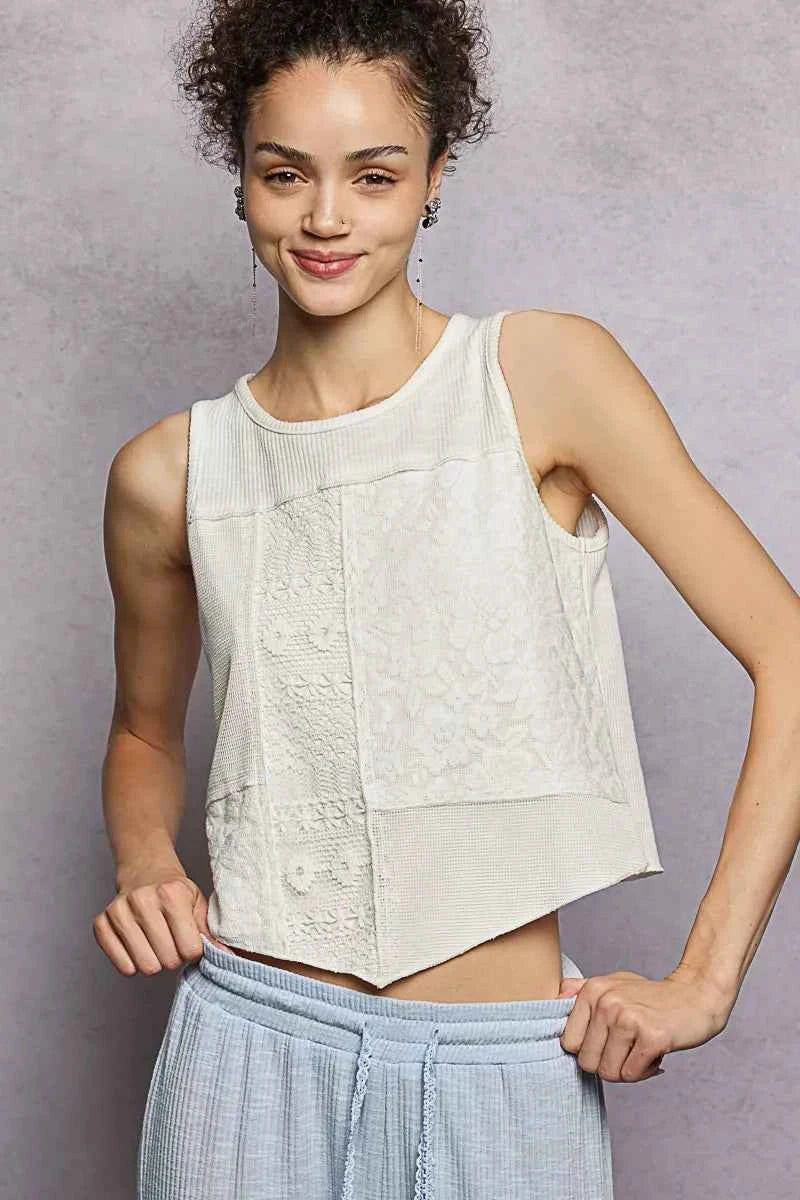 POL Ribbed Round Neck Cropped Tank with Lace Detail
