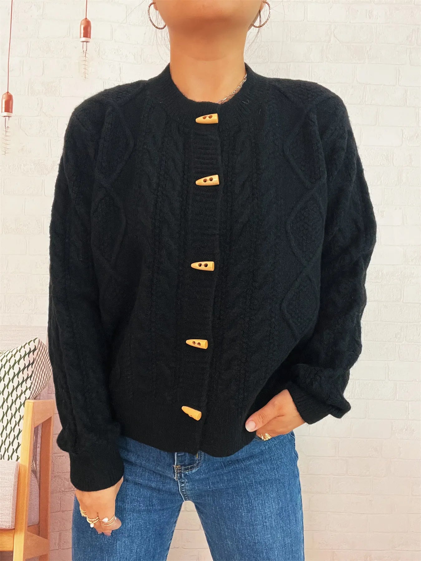 Women's Cardigan Cable Knit Button-Up Long Sleeve Knitwear Black One Size b4c530a46cfc4ac299853f3ac9b58290-Max-Origin Trendsi