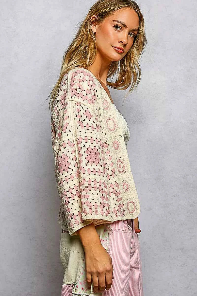 POL Crochet Cardigan Pink Multi Open Front with Granny Square Pattern b4c898c6-fb64-4ec5-80b1-99f0acea9021-Max-Origin Trendsi