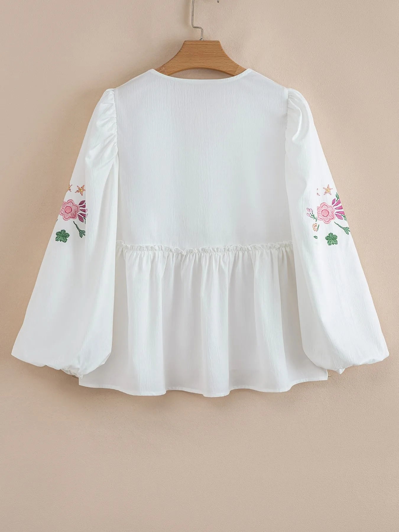 Women's Babydoll Blouse Flower Embroidered V Neck Tied White Long Sleeve Top b4d55090-b69d-43fc-88ce-87239e301315-Max-Origin Trendsi