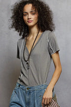 POL Women T-shirt V-Neck Short Sleeve Top with Stitch Seam Detail Gray b4dad909-fc82-4ffd-9d7d-046c75a4ff13-Max-Origin Trendsi