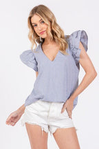Ces Femme Striped Blouse V-Neck Ruffled Cap Short Sleeve Blue Top BLUE b4dc7c8e-20f4-4cf2-a3b0-80e39b871af9-Min Trendsi
