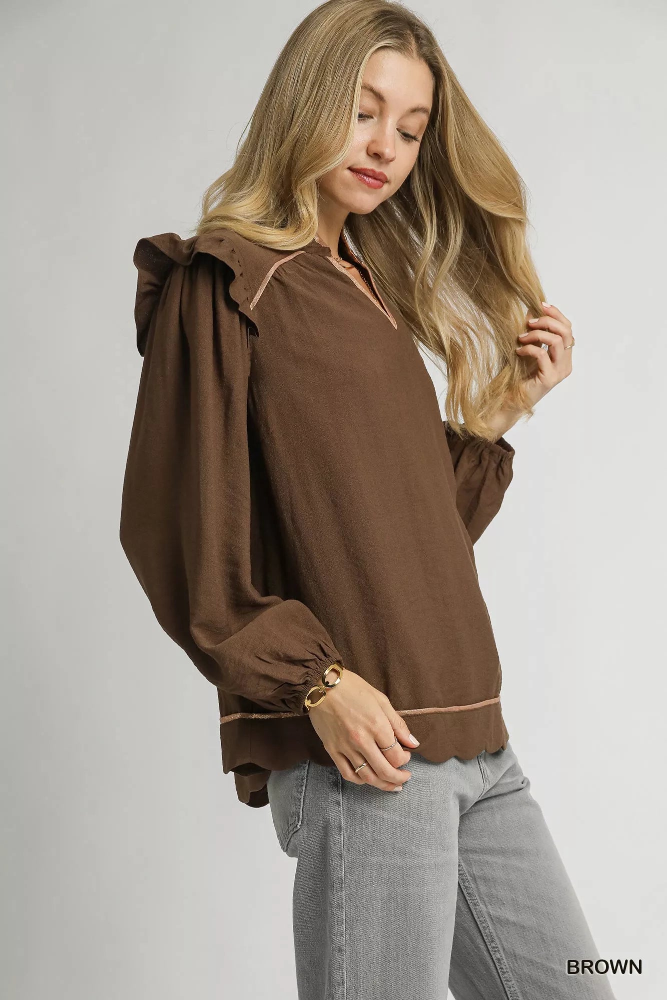 Umgee Womens Blouse Brown Ruffle Shoulder Long Sleeve Top b4e4c11b-c025-4d72-a5cb-66b824a598dd-Max-Origin Trendsi