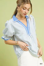 Umgee Womens Blouse Sky Blue Seersucker Stripe Ruffle Short Sleeve Top b4f0188a-4aba-4279-984d-403300009575-Max-Origin Trendsi