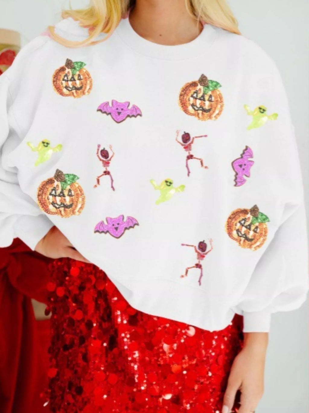 Halloween Women's Sweatshirt Sequin Round Neck Long Sleeve Pullover White b4f0d9b8-3a8a-4246-b7d7-822ea5a7e7a2-Max-Origin Trendsi