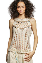POL Halter Neck Sleeveless Crochet Top with Seashell and Mirror Dangle Trim