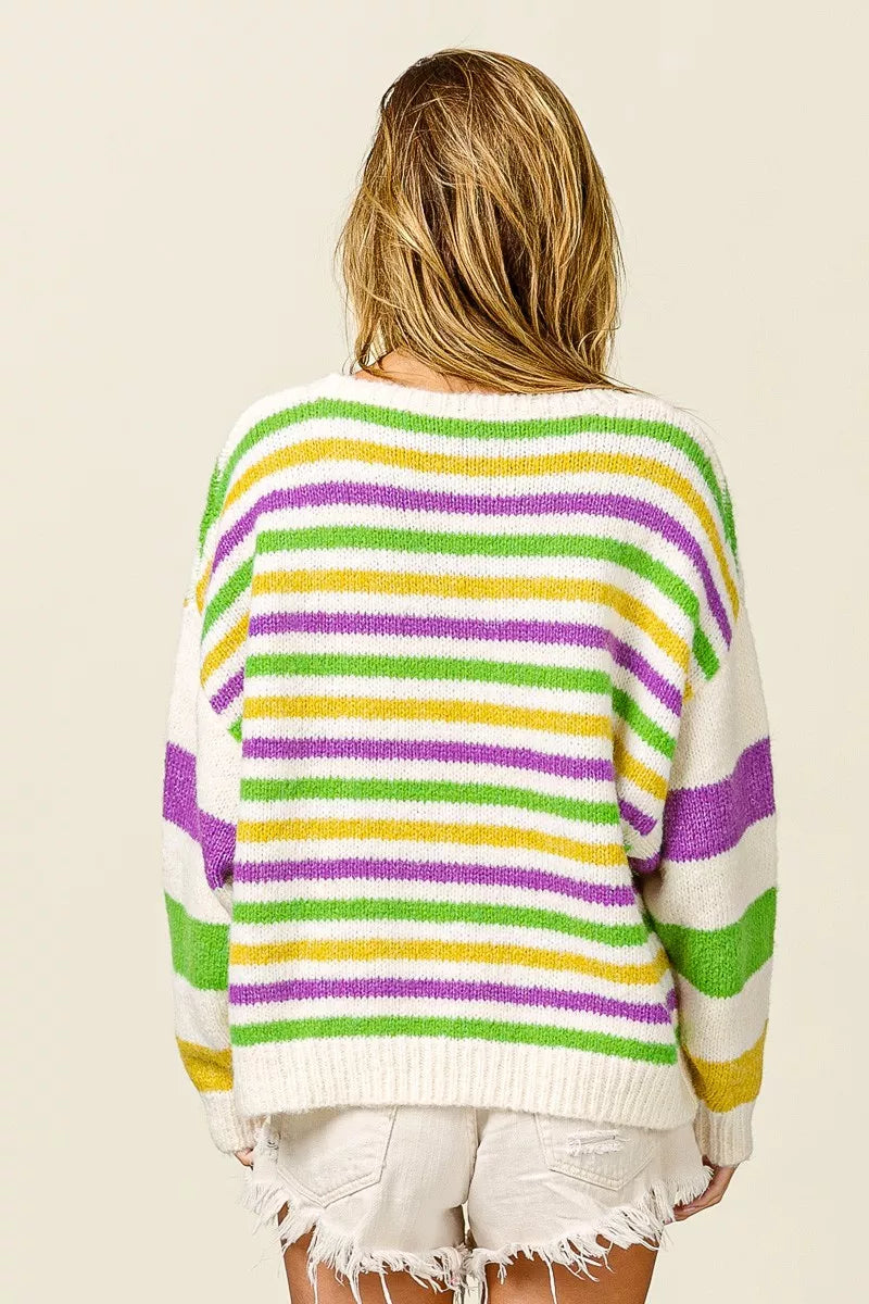 BiBi Womens Sweater Mardi Gras Colors Stripe Comfy Knit Pullover b4fdeace56b74da098b9daf75ed364cd-Max-Origin Trendsi