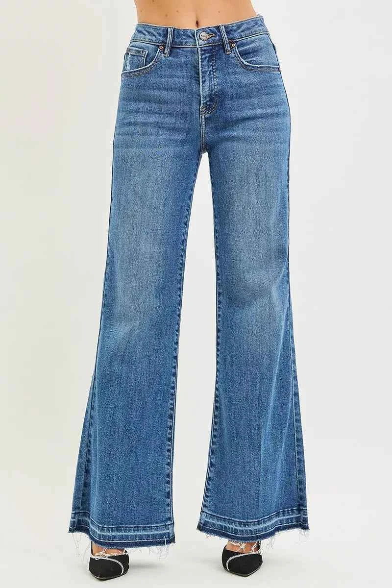 RISEN High Rise Wide Leg Jeans With Released Hem Raw Hem Denim Pants b509779bc8634b18834b6e46b3352724-Max-Origin Trendsi
