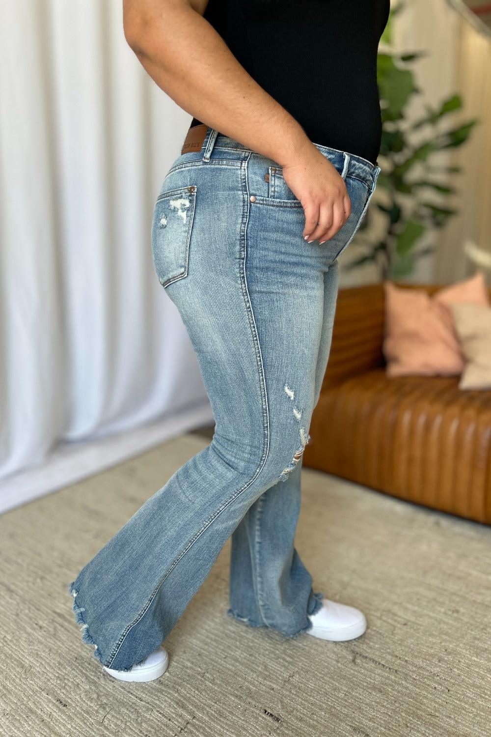 Judy Blue US Flare Jeans Medium Rise Tummy Control Destroy Denim Pants b51527d9-63c3-40d6-819d-a57c109ff421-Max Trendsi