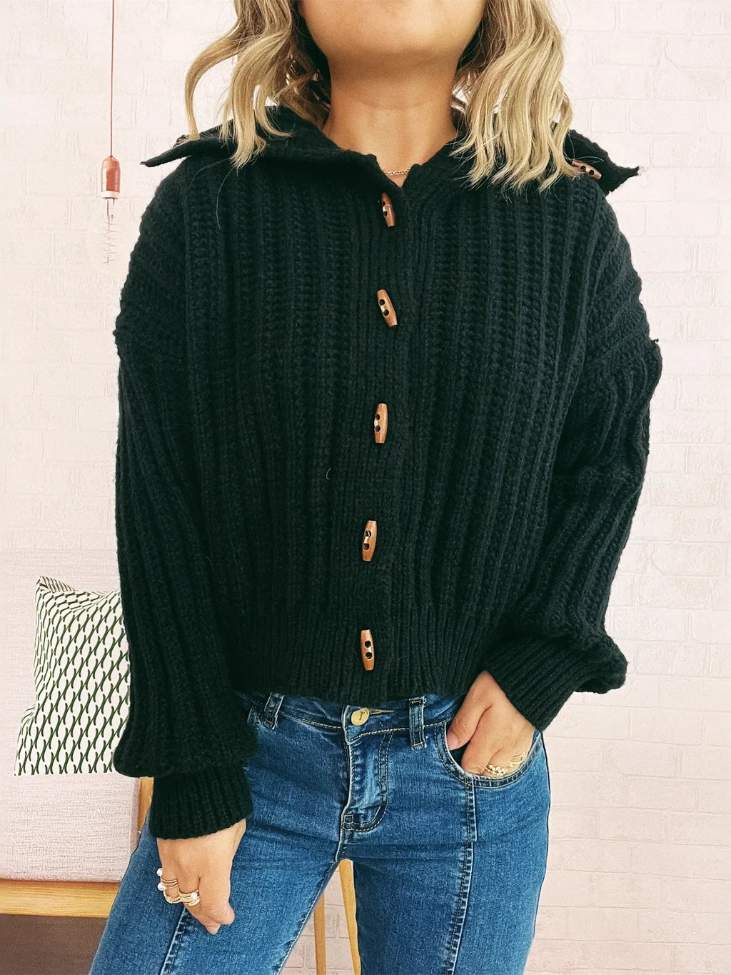 Women's Cardigan Button Up Collared Long Sleeve Knitwear Black One Size