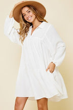 Ces Femme White Mini Dress Cotton Johnny Collar Balloon Long Sleeve b51f6d00-9903-492f-b724-60437c5882a1-Min Trendsi