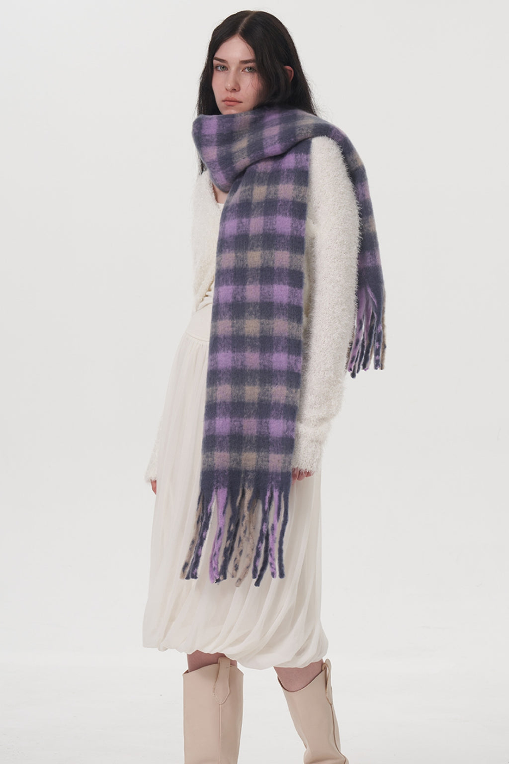 Women Scarf Lilac Plaid Fringe Polyester Tasseled Long Warm Accessories b52f7e14-7d40-41aa-b08f-18e2ffbb15f9-Max Trendsi