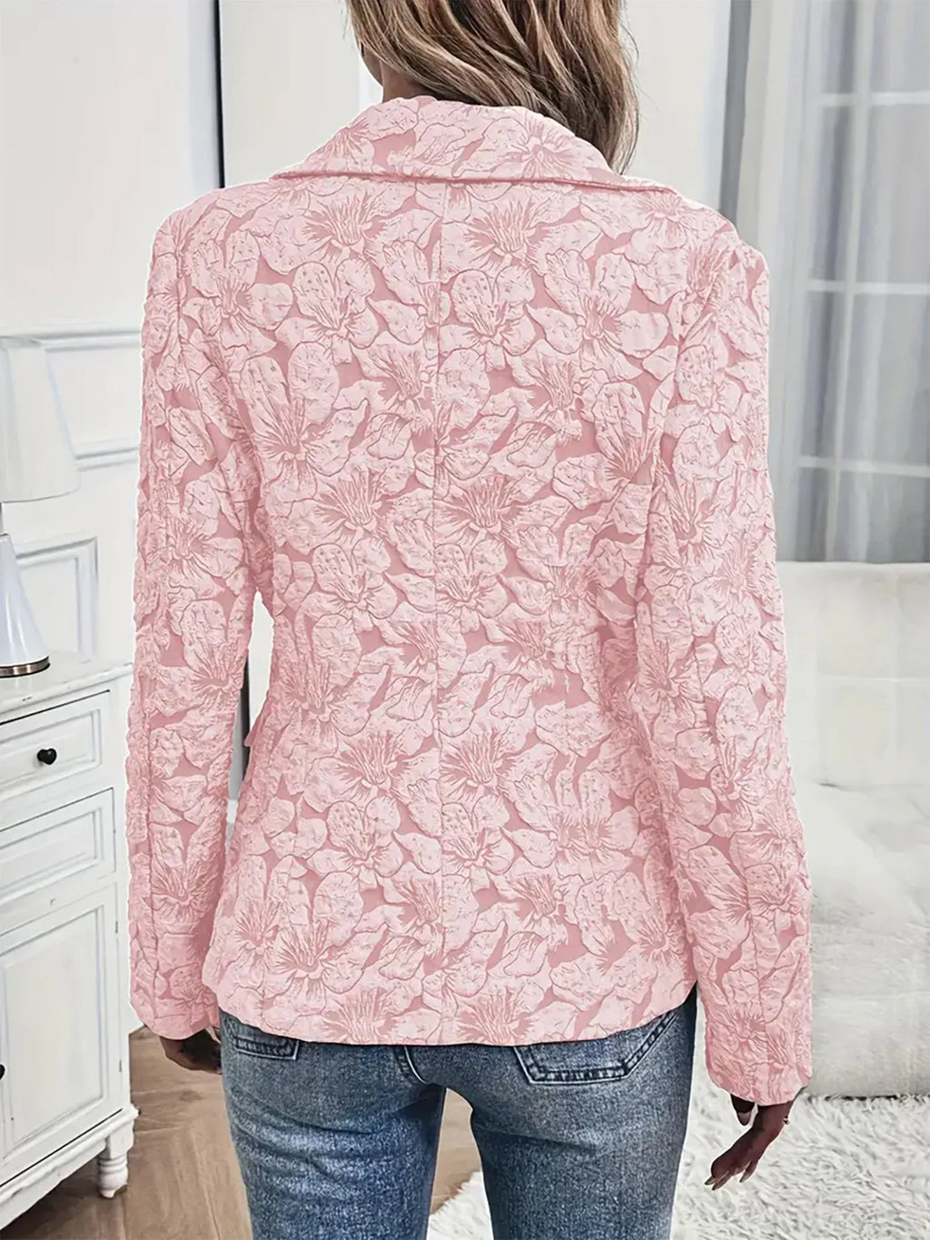 Women's Blazer Pink Floral Print Single Button with Pockets b5336eaa423f43abbd9b5001c367b488-Max-Origin Trendsi