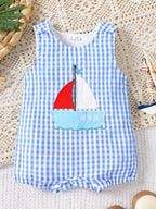 Children's Gingham Sailboat Sleeveless One-Piece Romper